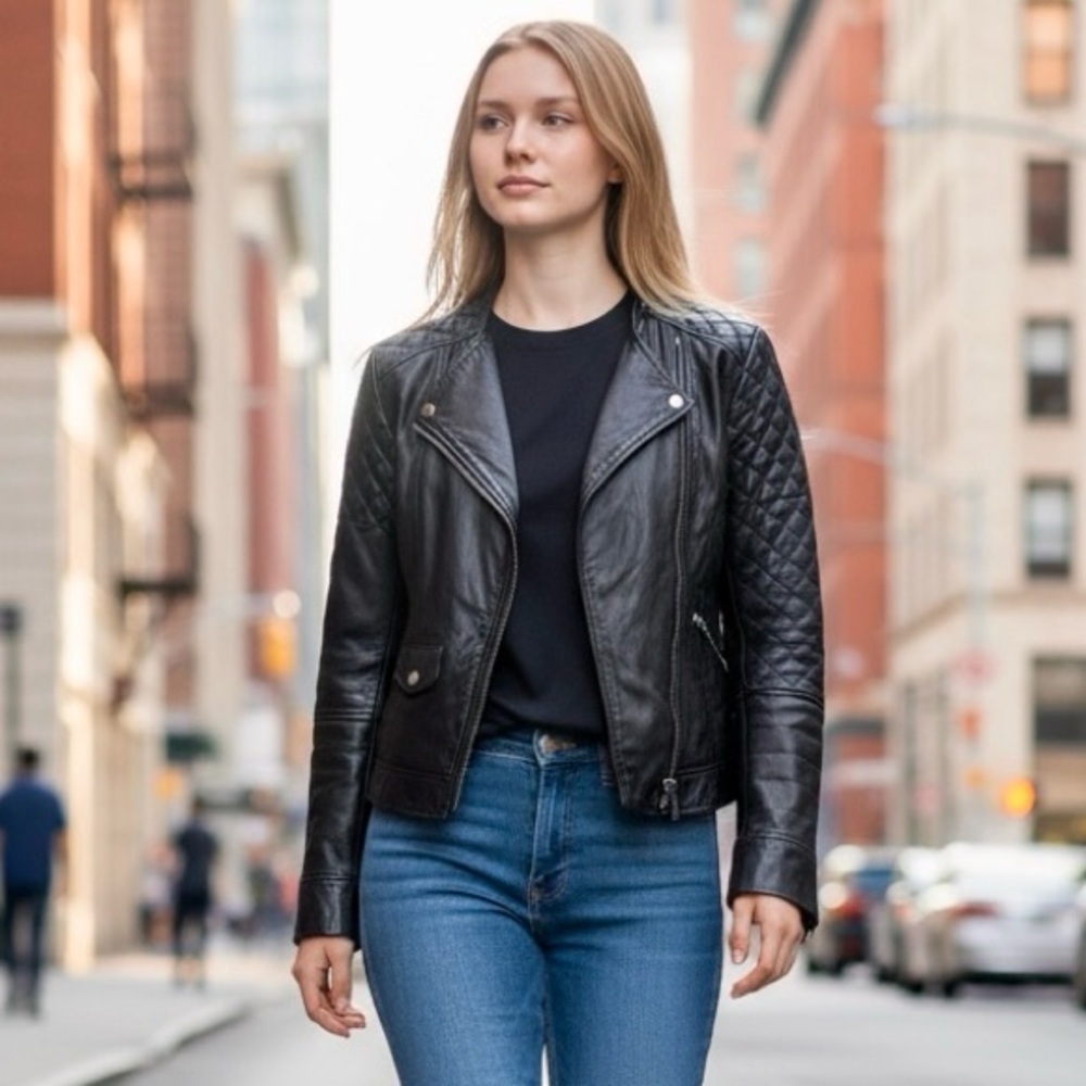 🌻Lamarque Collection Black Quilted Leather Moto Biker Jacket Size Small